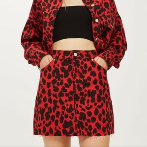 TOPSHOP moto Leopard Print Denim Skirt size 8 Red Black